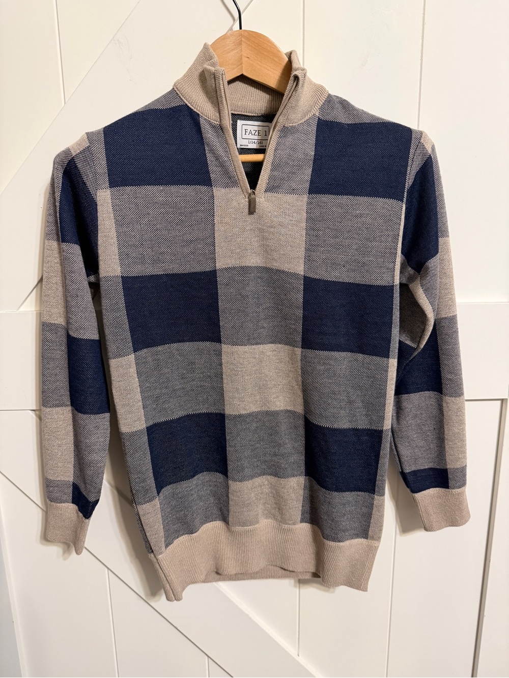 Faze 1 Boy’s Quarter Zip Buffalo Check Sweater Navy & Tan Large 14/16